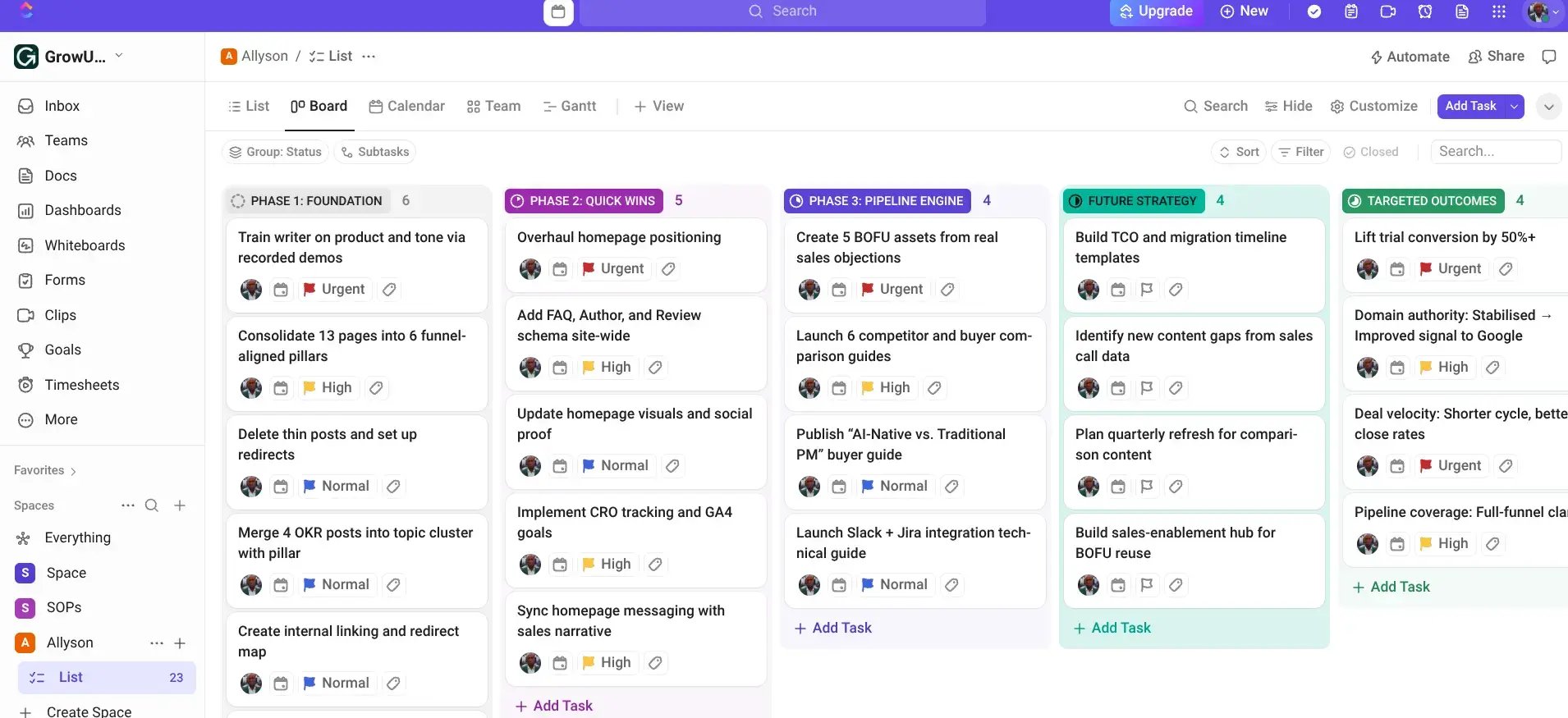 Quarterly rebuild plan dashboard outlining priorities, owners, and timelines
