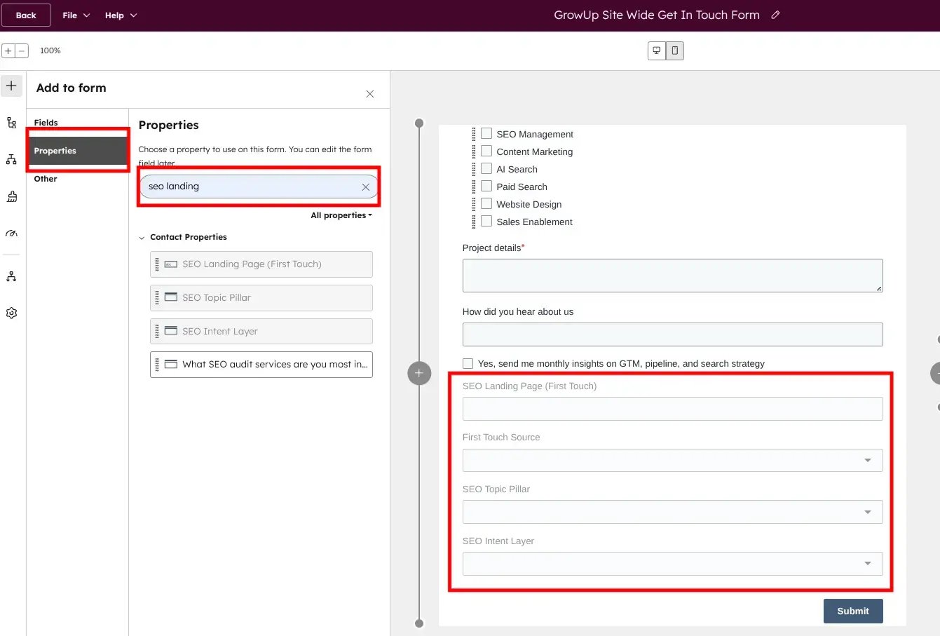 Example of hidden fields configured in a HubSpot form