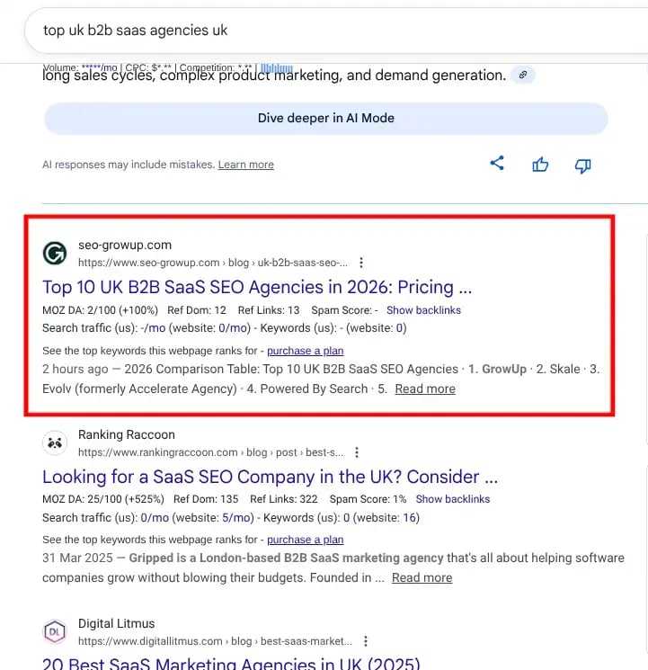 growup ranking #1 for b2b saas seo agency