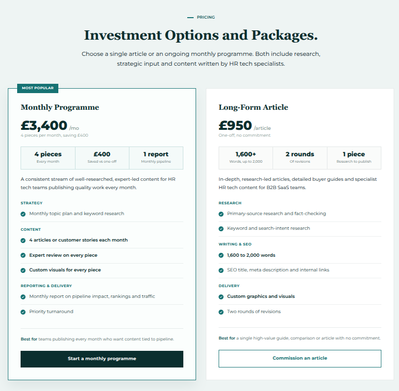 GrowUp HRTech content writing pricing and investment packages