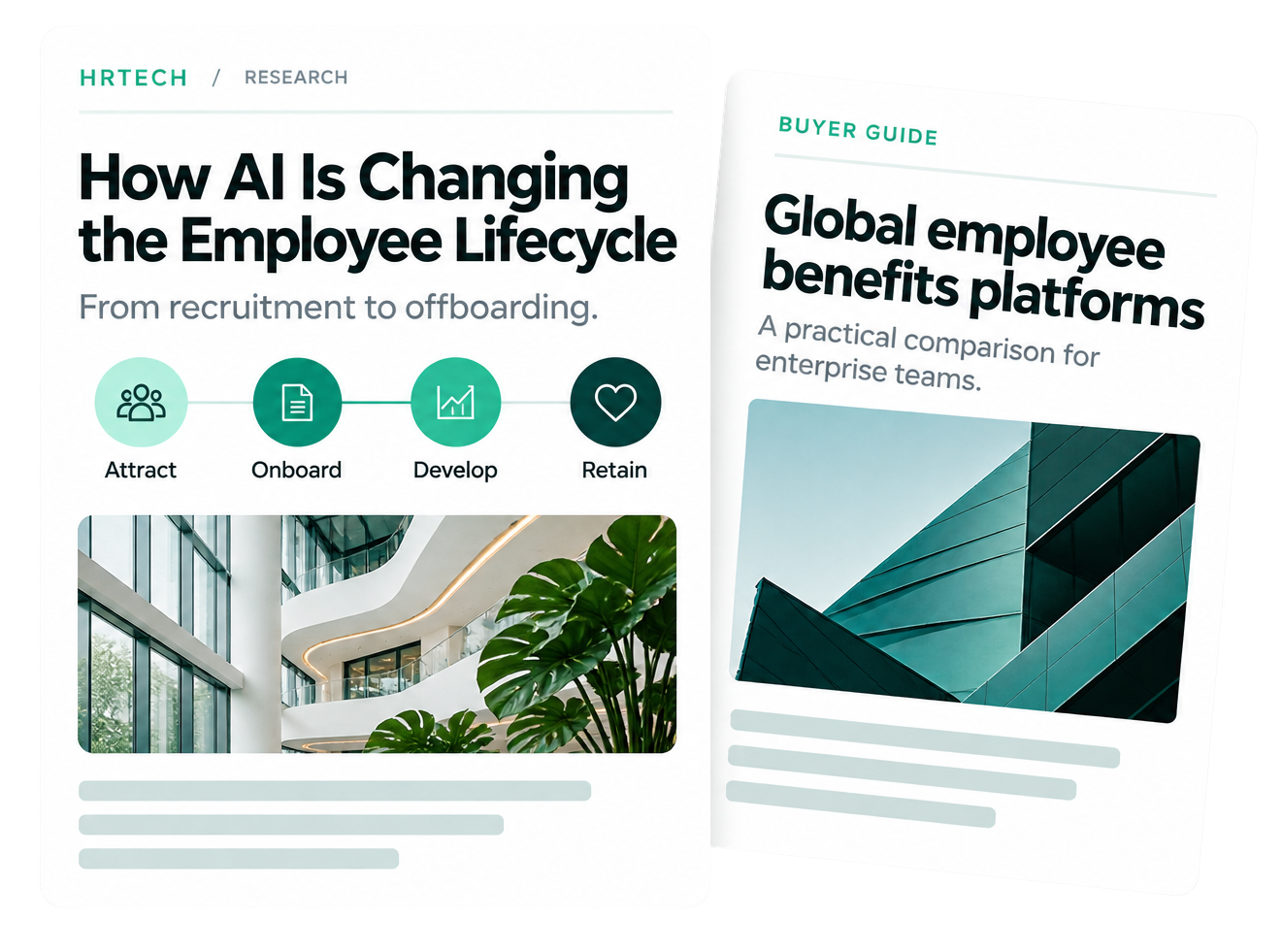 HRTech writing samples covering AI in the employee lifecycle and global employee benefits platforms