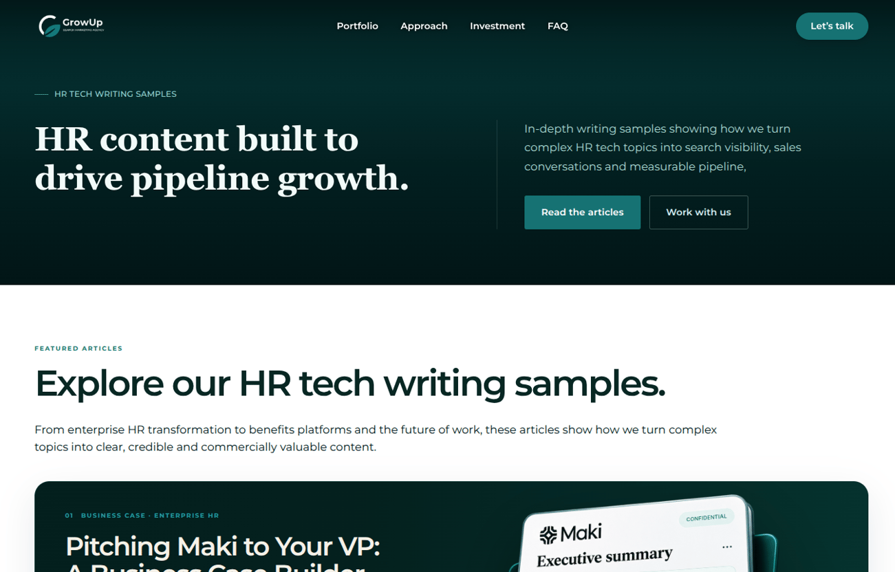 GrowUp HRTech writing portfolio featuring recruitment business cases, employee benefits comparisons and AI in HR