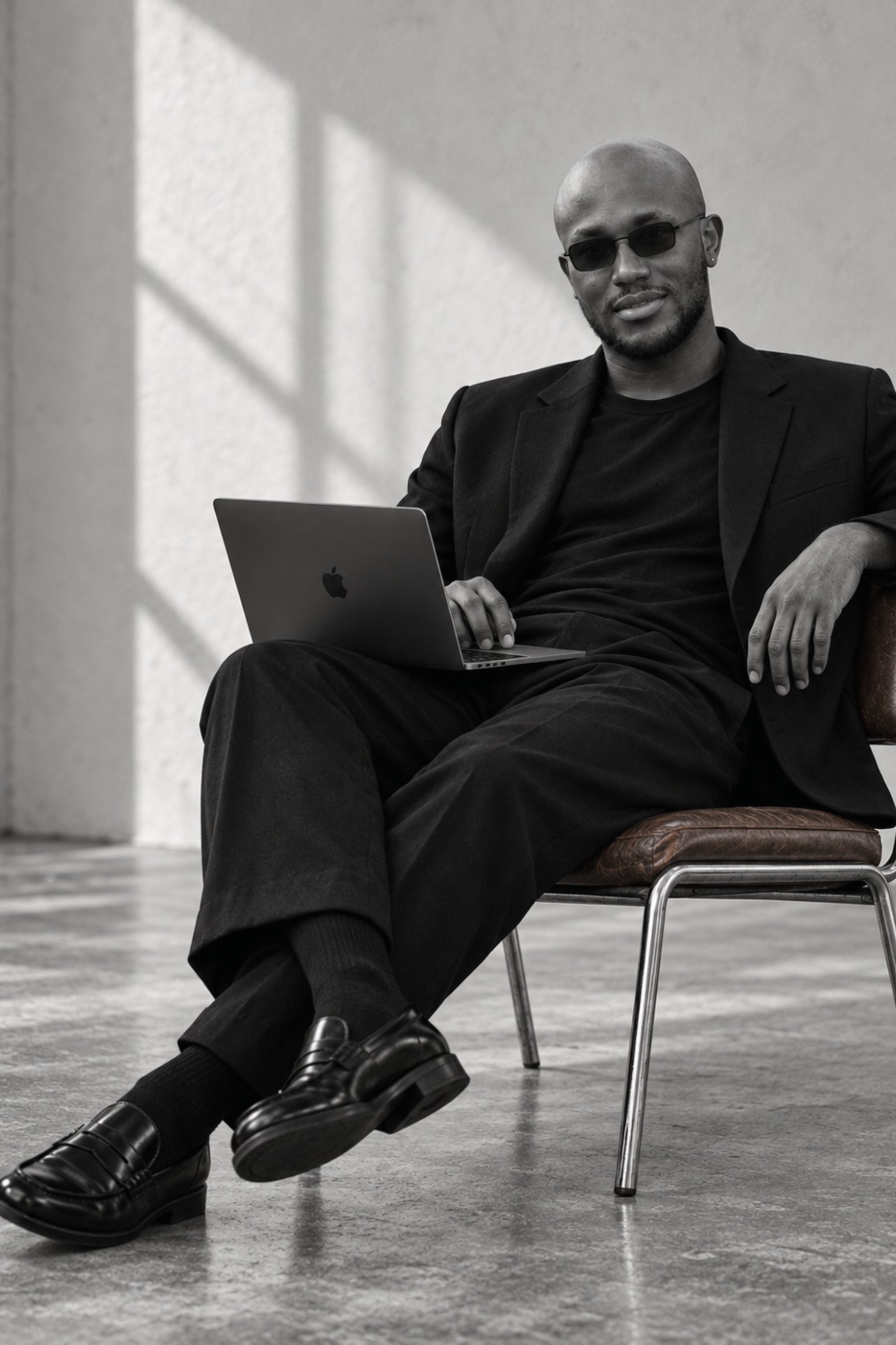 Muiz Thomas, Founder and CMO of GrowUp, seated with a laptop